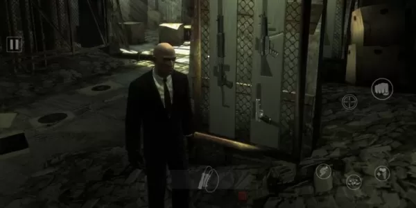 A picture of Agent 47 passing a rack of guns in a gloomy basement