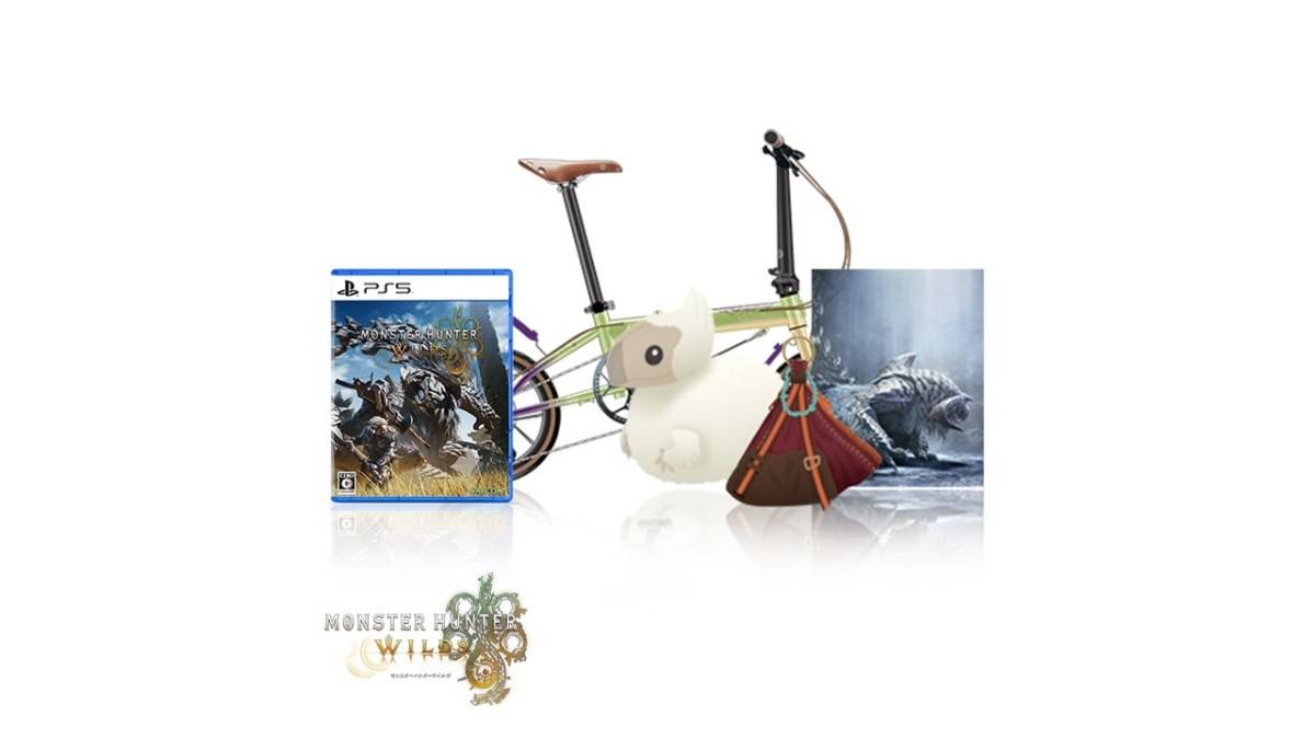 Monster Hunter Wilds Ultra Collector's Edition с изображением игры, пушистой игрушкой, мешкой для оружия и складным велосипедом.