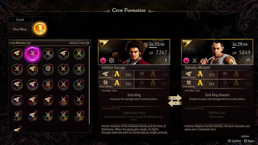 Lo schermo stat di formazione dell'equipaggio per Minami in Like A Dragon: Pirate Yakuza alle Hawaii
