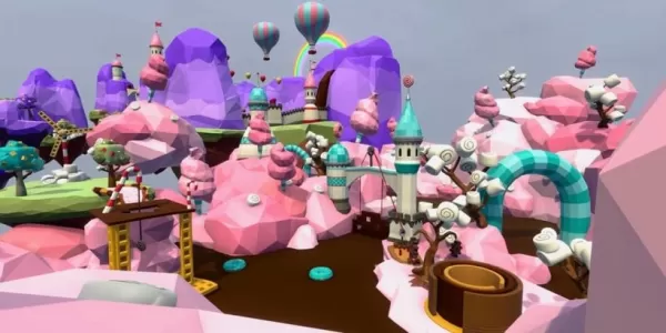Paisaje colorido lleno de dulces con ríos de chocolate y nubes de algodón de azúcar