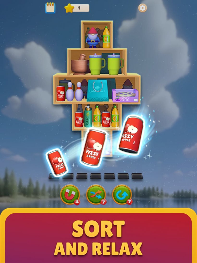 Screenshot of a shelf-stacking game where someone is matching three soda cans