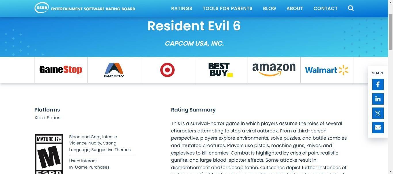 Évaluation ESRB Resident Evil 6