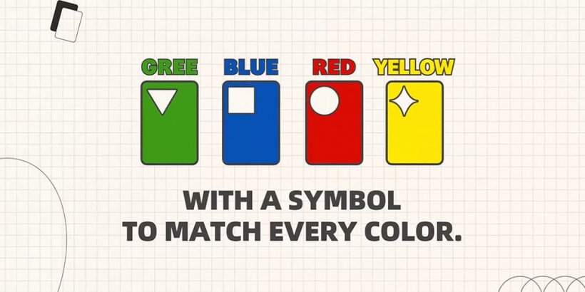 一张绿色三角形卡牌，一张蓝色正方形卡牌，一张红色圆形卡牌和一张黄色星形卡牌