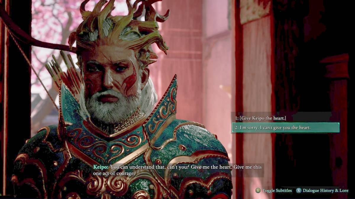 Avowed gameplay correctly deciding to not give Keipo the Leviathan Heart at the end of the 'Heart of Valor' side quest