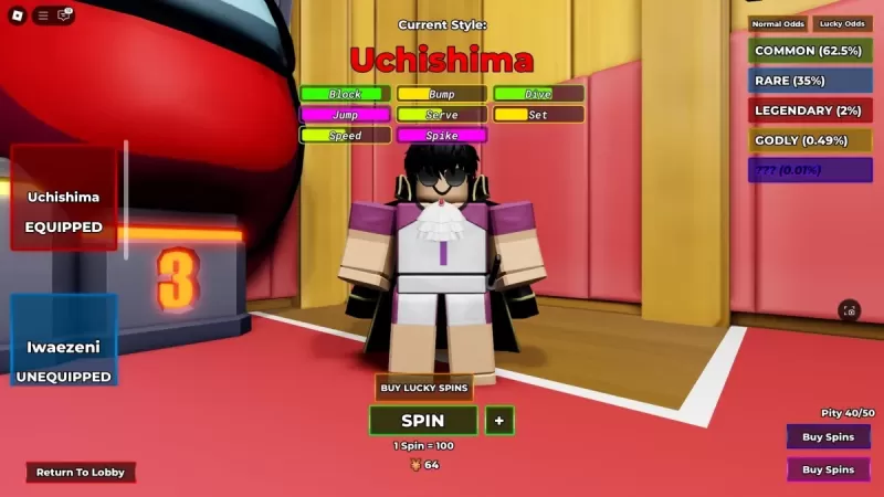 Interfaz para gestionar y rerolear estilos de jugador en Volleyball Legends