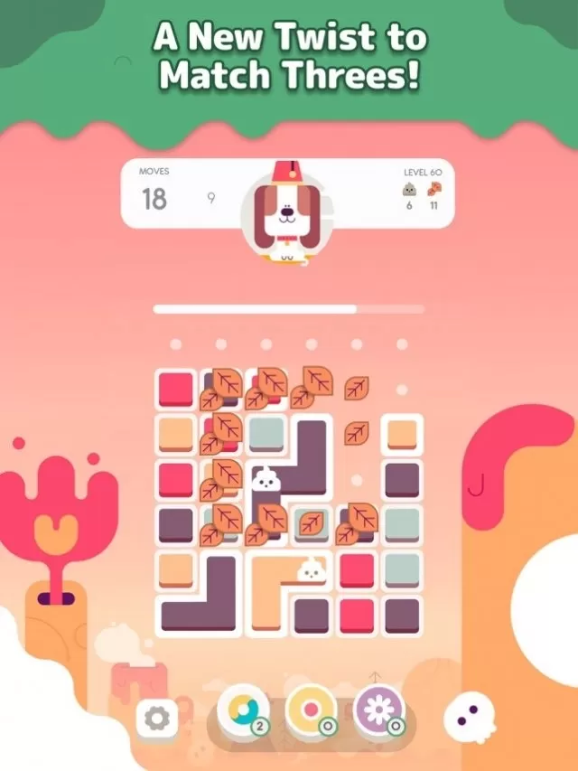一個彩色的遊戲界面，顯示了經典的Match-3遊戲玩法，帶有充滿活力的圖形和可愛的狗。