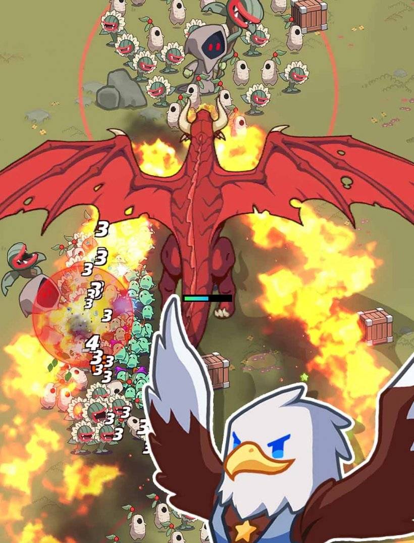 巨大なドラゴンとの戦争中の植物と動物