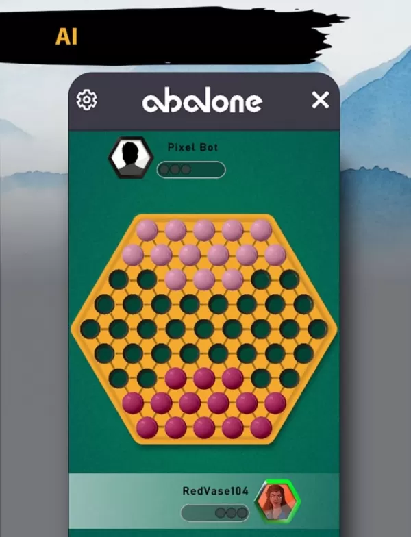Strategic gameplay of Abalone showing white and black marbles on hexagonal board