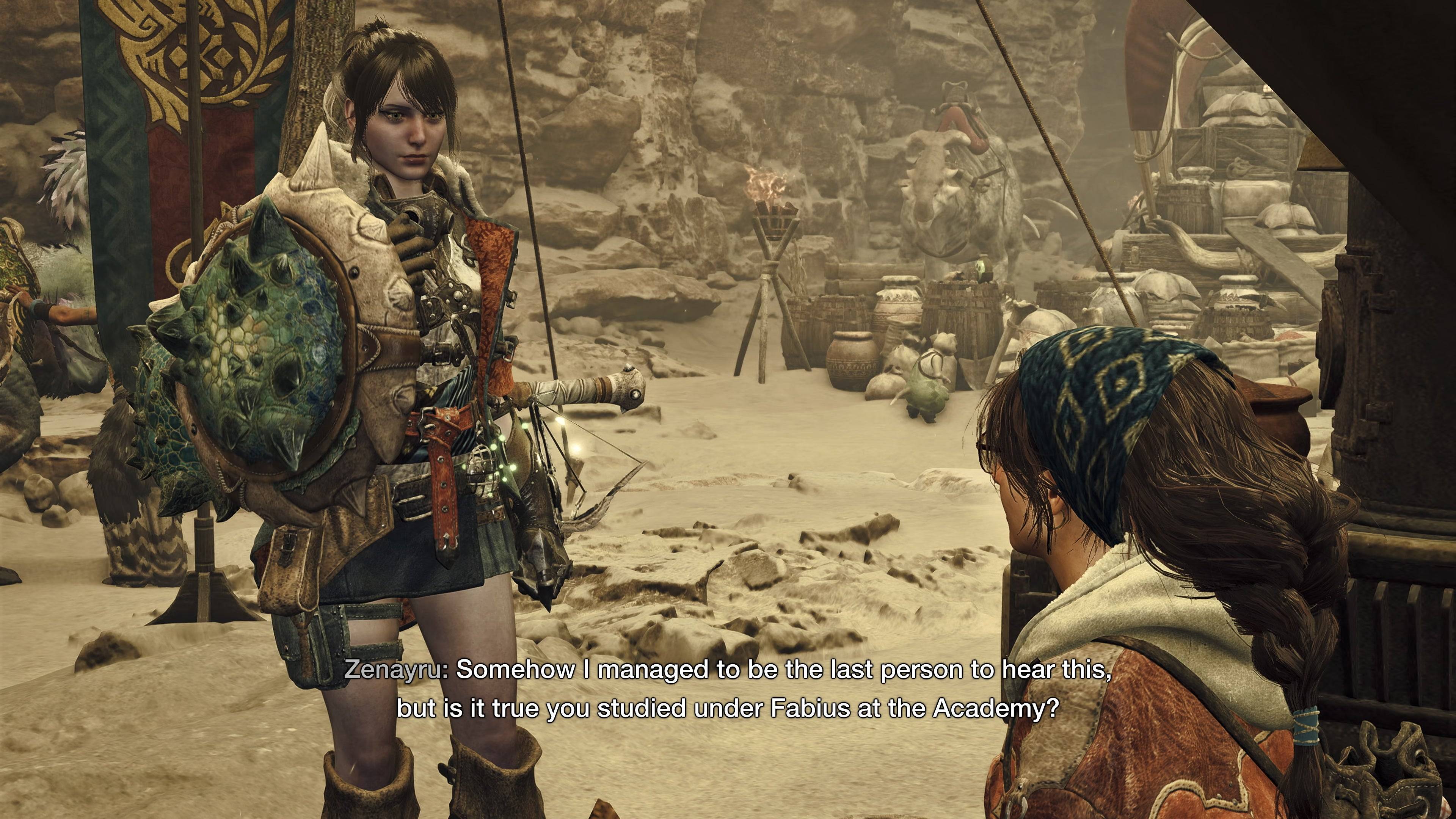 Monster Hunter Wilds与NPC Alma进行对话的可自定义可玩角色